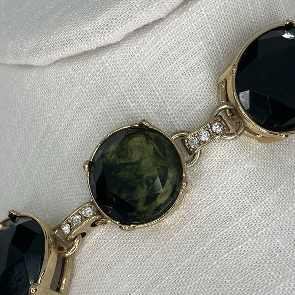 Ann Taylor Dark Green Chunky Gold Tone Rhinestone Statement Necklace Old Money - Picture 4 of 14